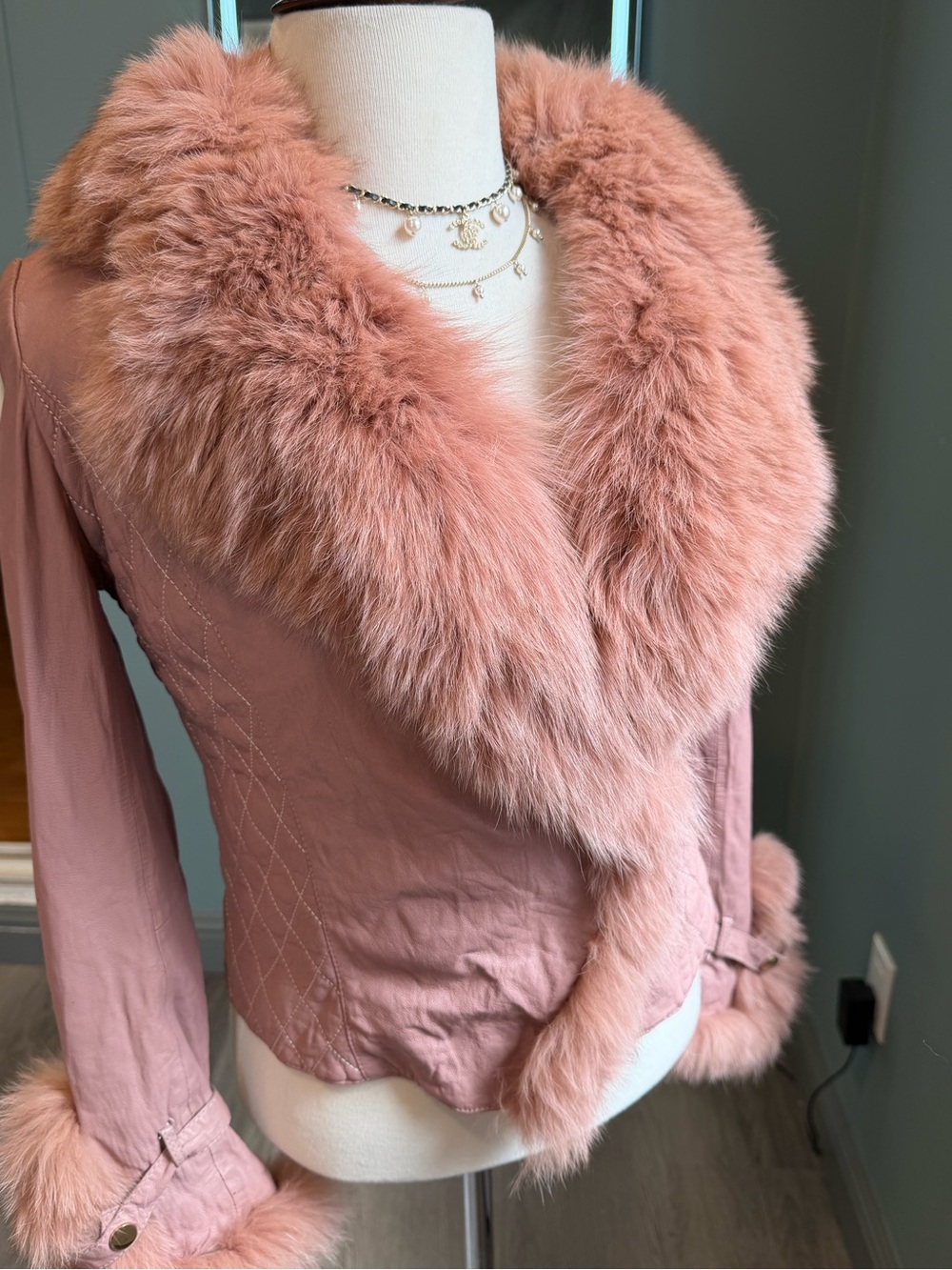 Vintage Pink sheep Leather Fox Fur Jacket XS Y2K Cropped - Picture 5 of 14